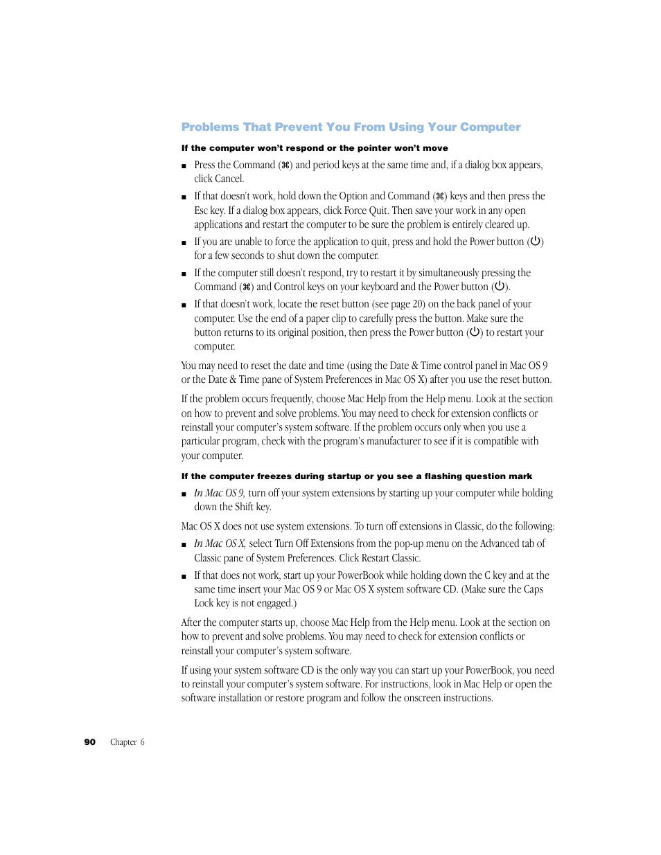 Problems that prevent you from using your computer | Apple BookG4 Computer User Manual | Page 90 / 104