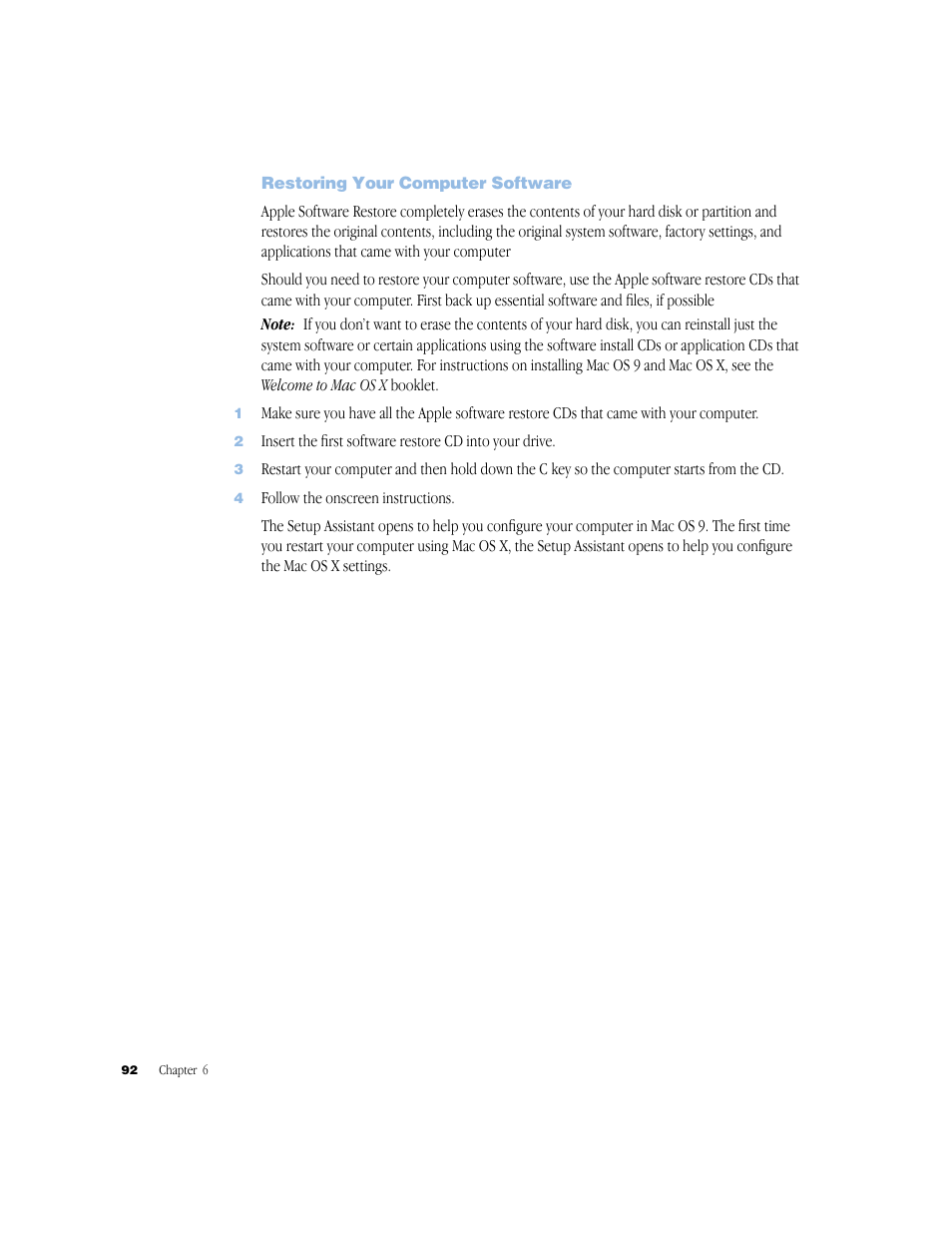 Restoring your computer software | Apple BookG4 Computer User Manual | Page 92 / 104