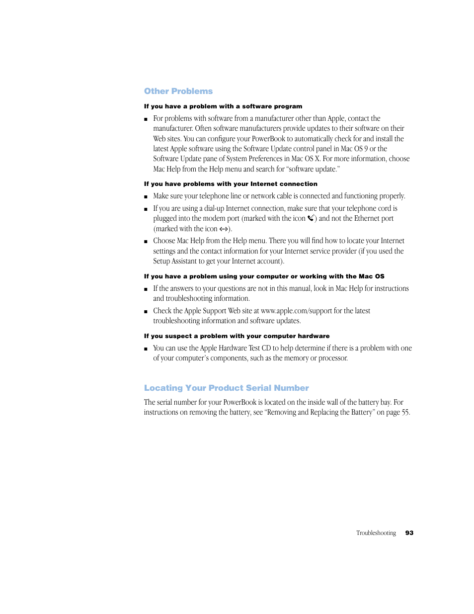 Other problems, Locating your product serial number | Apple BookG4 Computer User Manual | Page 93 / 104