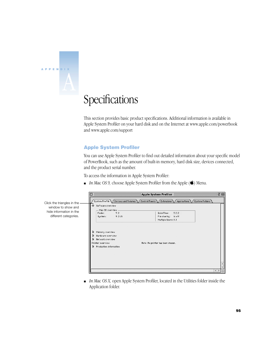 Specifications, Apple system profiler | Apple BookG4 Computer User Manual | Page 95 / 104