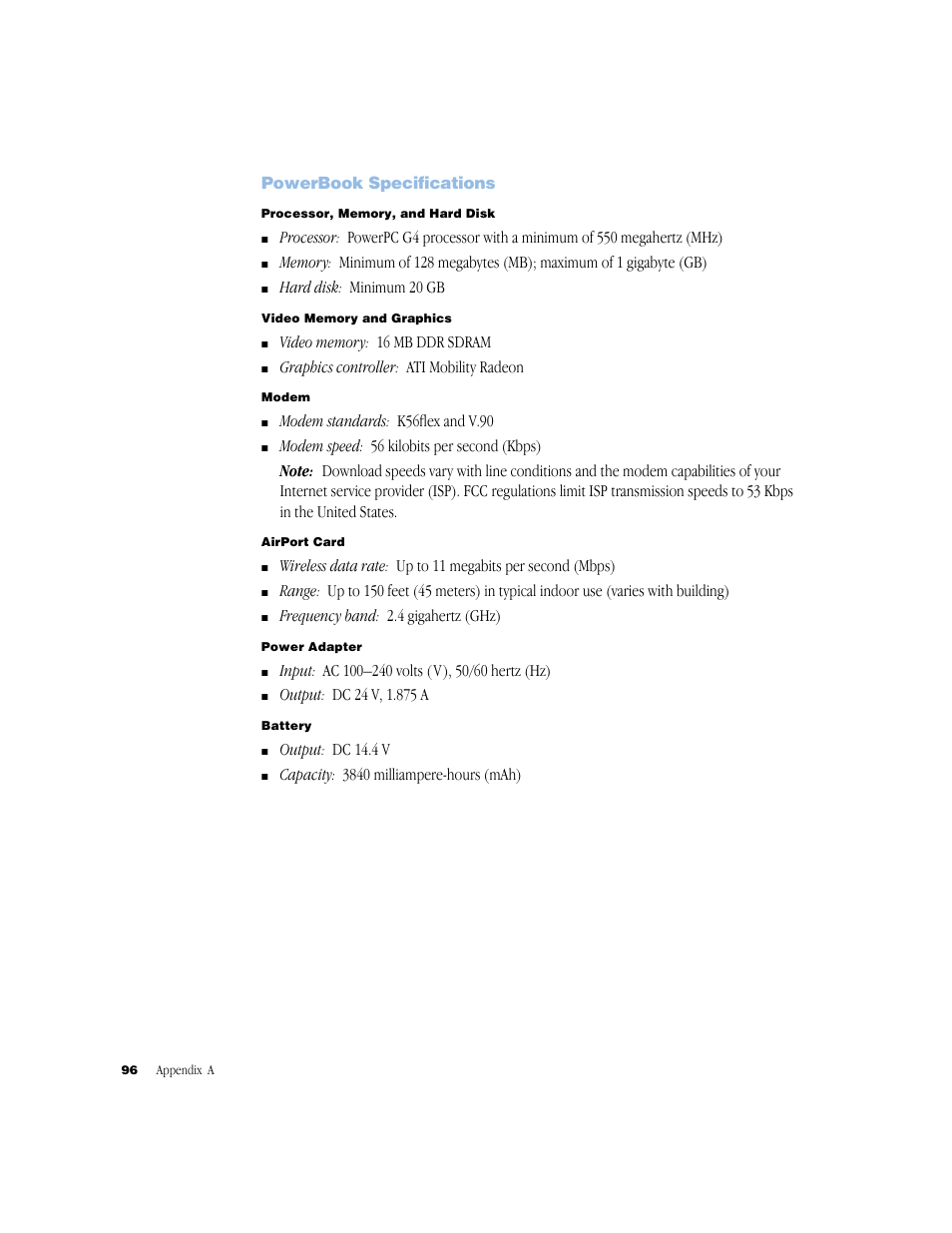 Powerbook specifications | Apple BookG4 Computer User Manual | Page 96 / 104