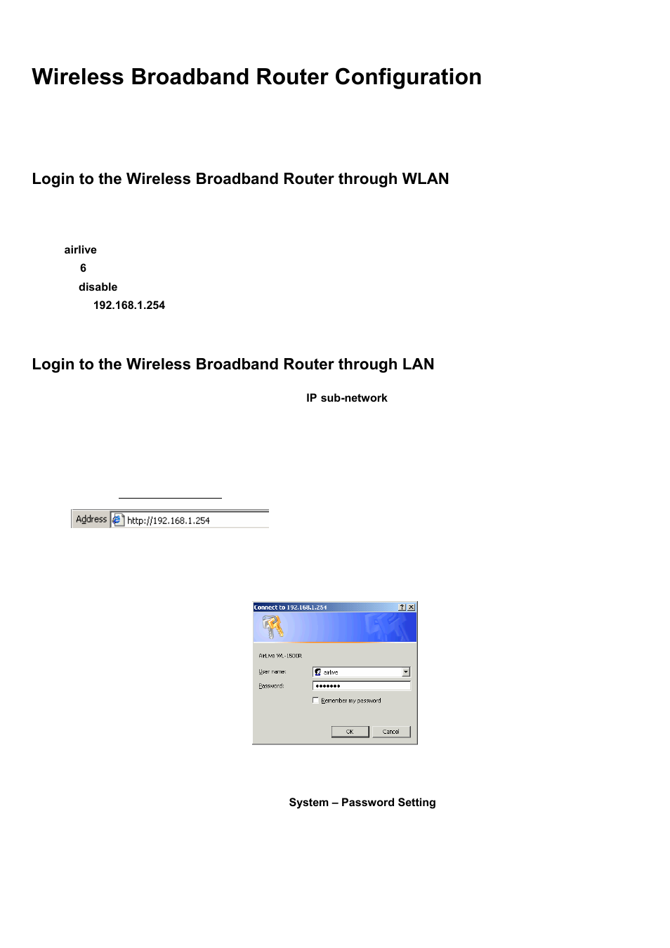 Wireless broadband router configuration, Login to the wireless broadband router through lan, Ireless | Roadband, Outer, Onfiguration | AirLive WL-1500R User Manual | Page 16 / 60