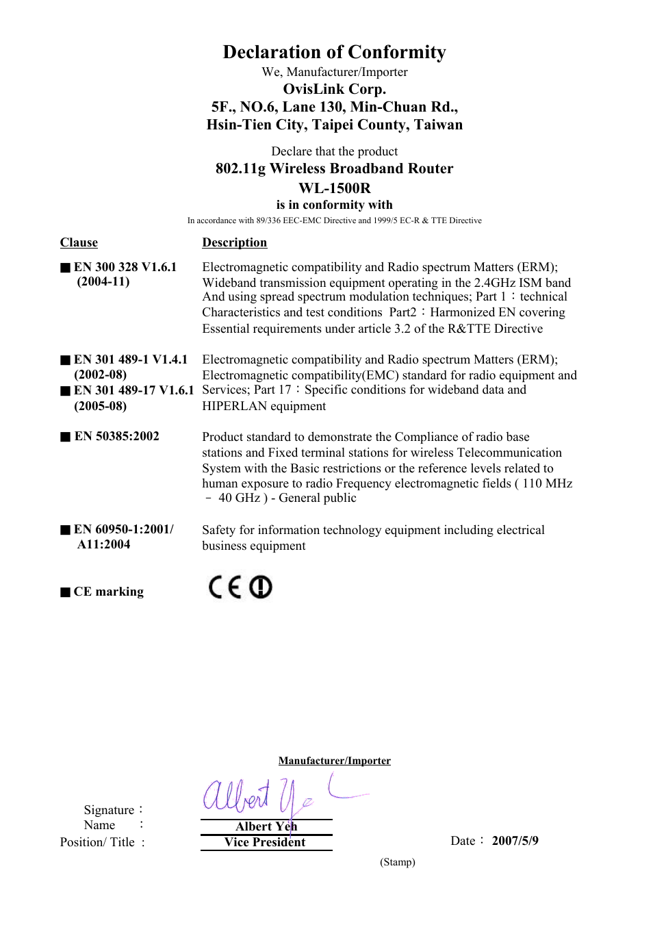 Ce declaration of conformity, Declaration of conformity | AirLive WL-1500R User Manual | Page 2 / 60