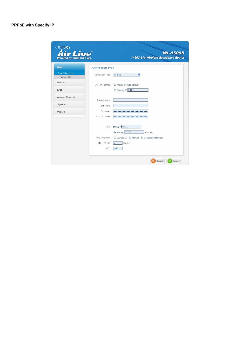 Pppoe with specify ip | AirLive WL-1500R User Manual | Page 31 / 60