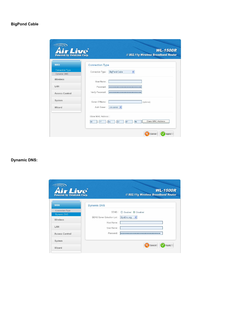 Bigpond cable, Dynamic dns | AirLive WL-1500R User Manual | Page 33 / 60