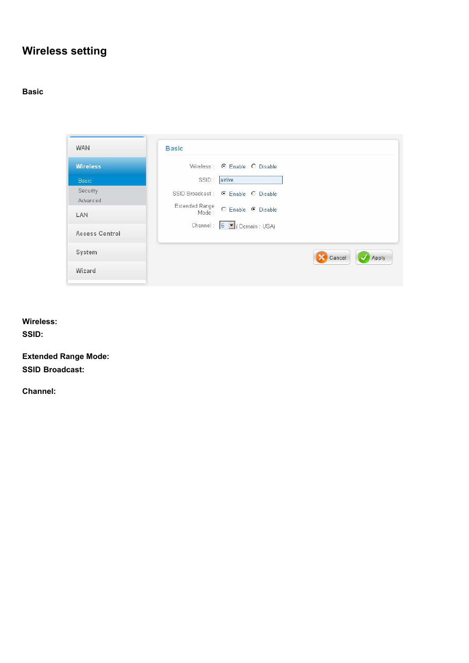 Wireless setting, Basic | AirLive WL-1500R User Manual | Page 34 / 60