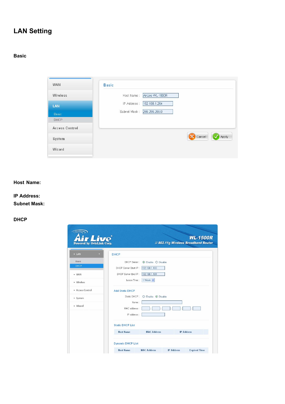 Lan setting, Basic, Dhcp | AirLive WL-1500R User Manual | Page 39 / 60