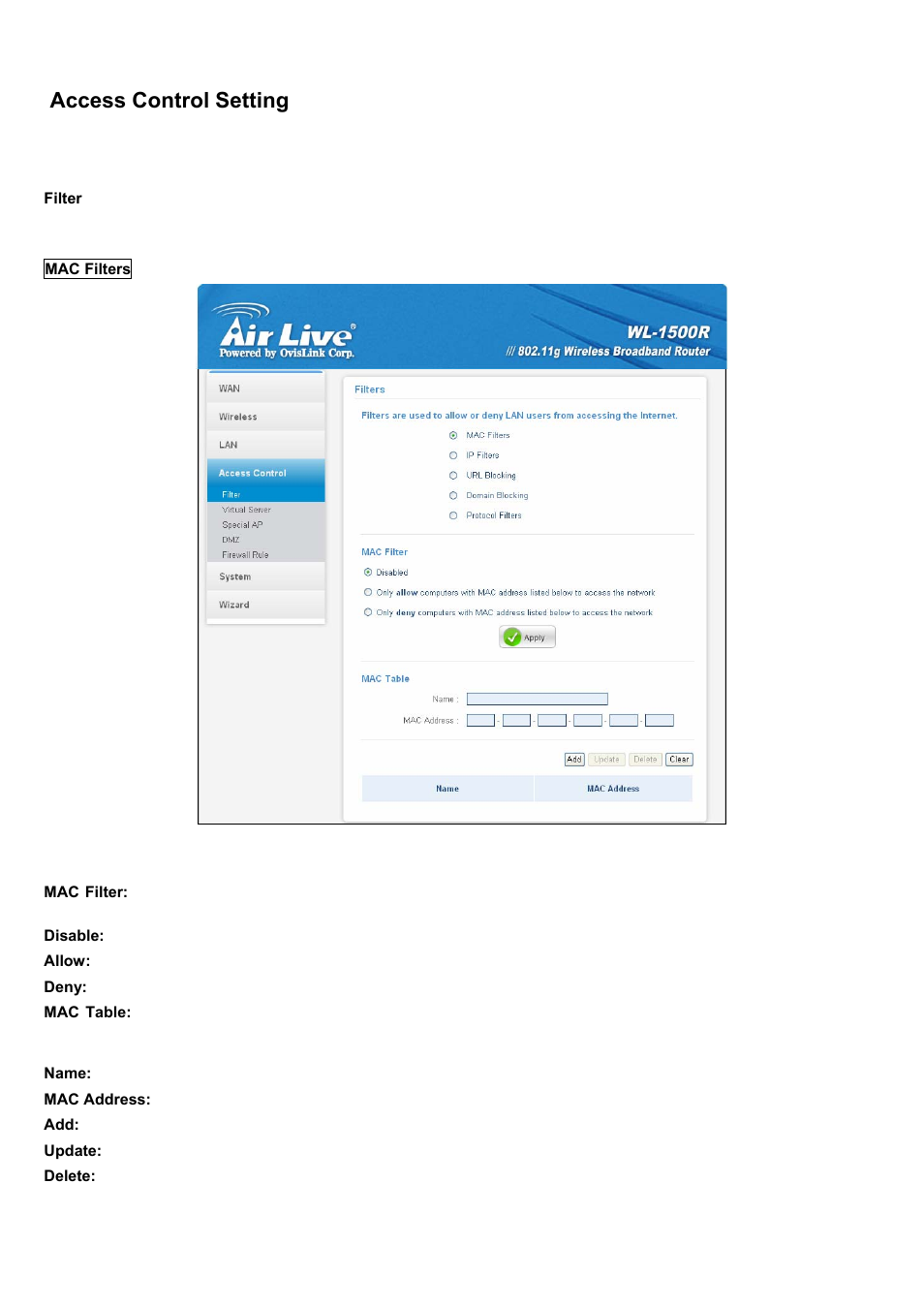 Access control setting, Filter | AirLive WL-1500R User Manual | Page 41 / 60