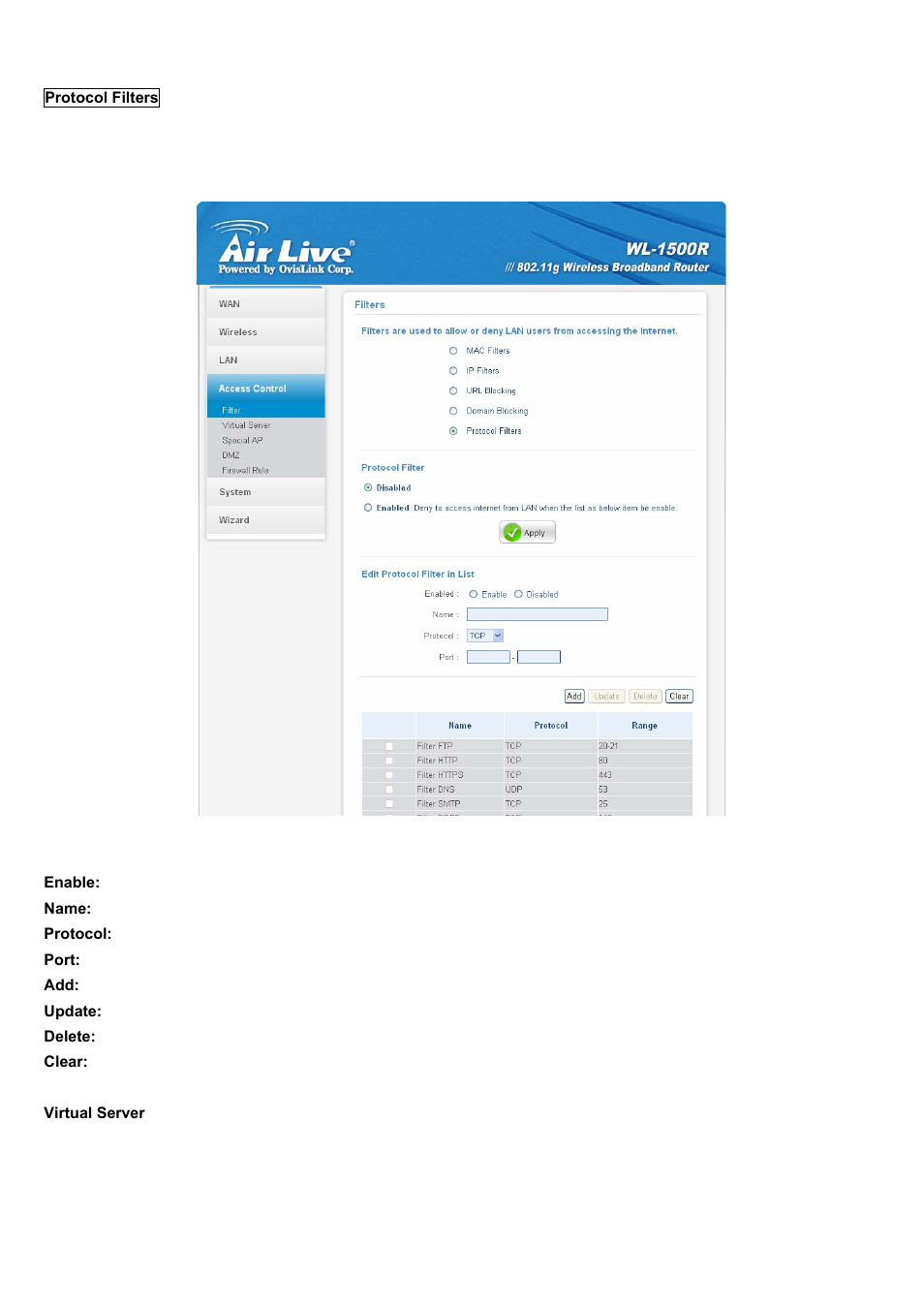Virtual server | AirLive WL-1500R User Manual | Page 45 / 60