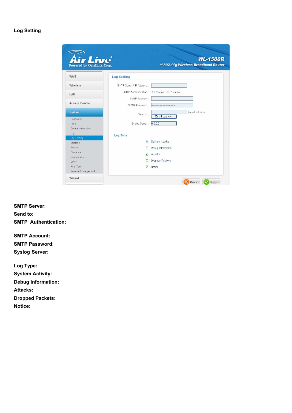 Log setting | AirLive WL-1500R User Manual | Page 54 / 60