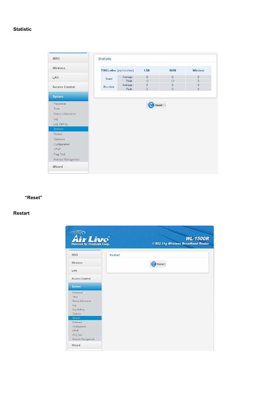 Statistic, Restart | AirLive WL-1500R User Manual | Page 55 / 60