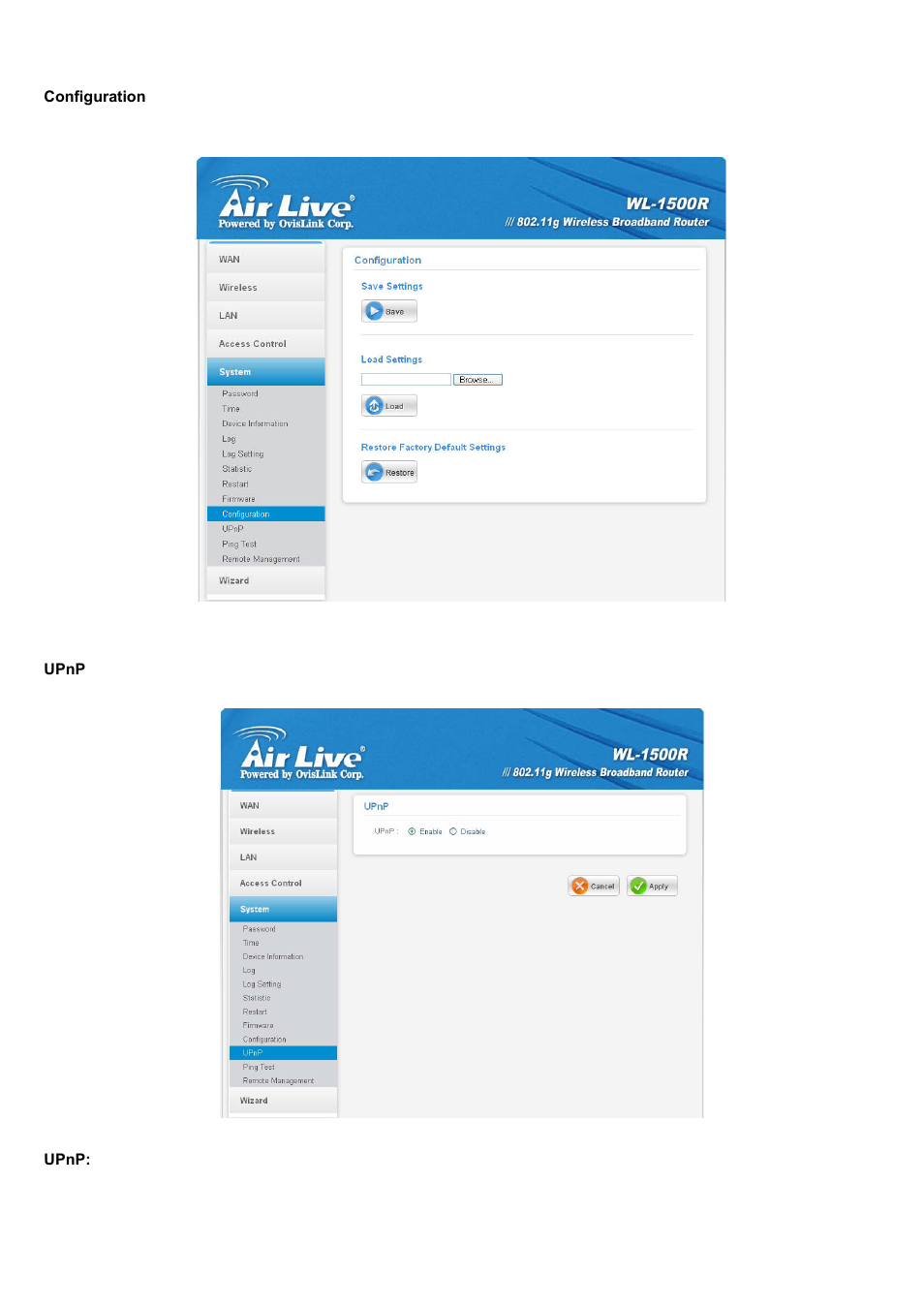 Configuration, Upnp | AirLive WL-1500R User Manual | Page 57 / 60