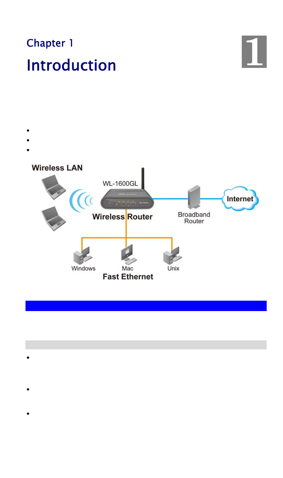Chapter 1 introduction, Wireless router features, Internet access features | Introduction, Chapter 1 | AirLive WL-1600GL User Manual | Page 7 / 115