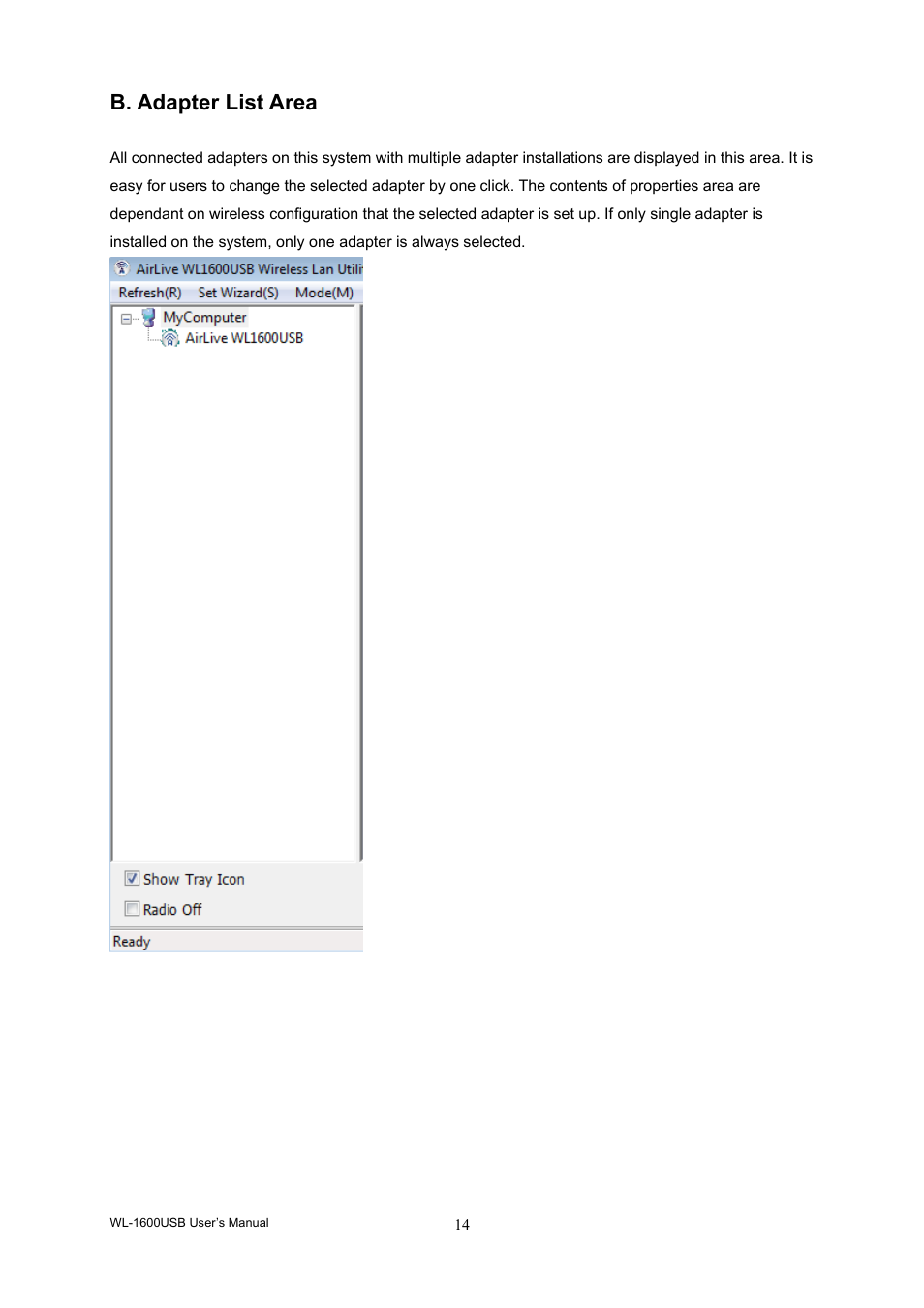 B. adapter list area | AirLive WL-1600USB User Manual | Page 18 / 34