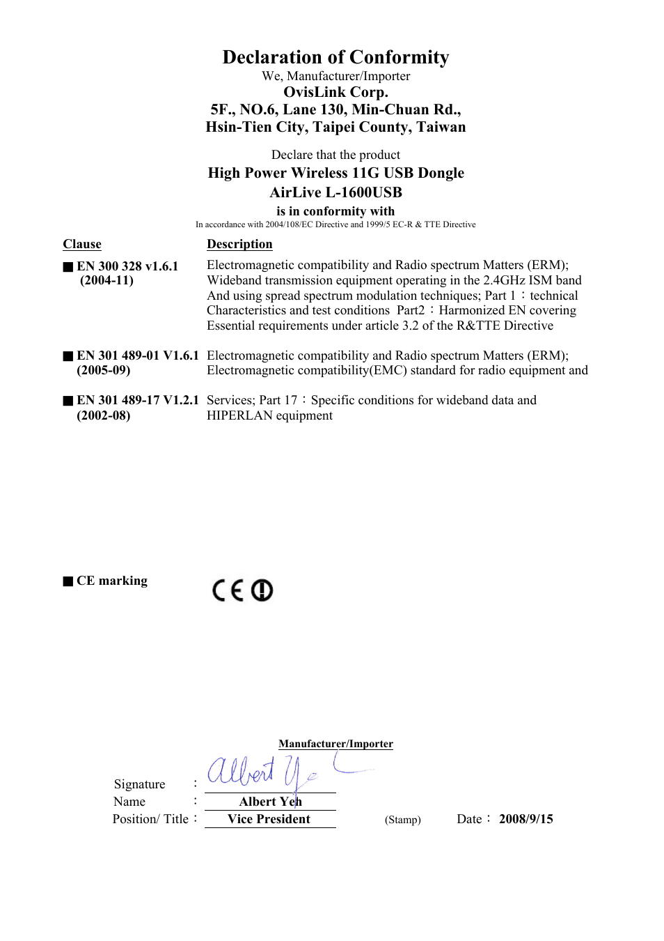 Declaration of conformity | AirLive WL-1600USB User Manual | Page 2 / 34