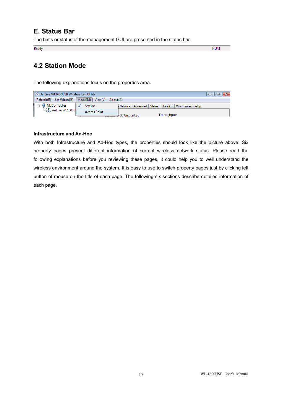 E. status bar, 2 station mode | AirLive WL-1600USB User Manual | Page 21 / 34