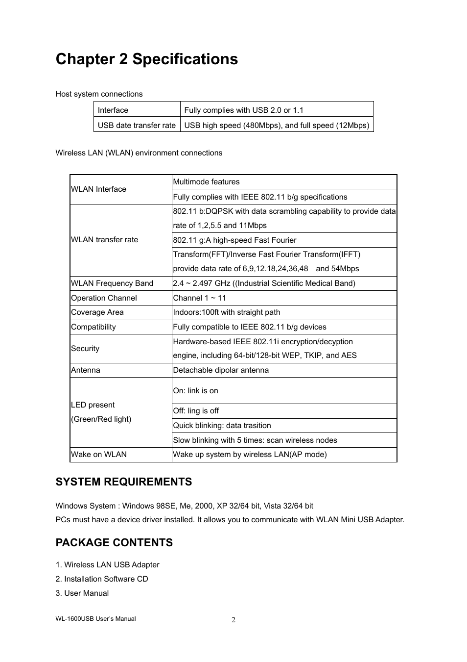 Chapter 2 specifications, System requirements, Package contents | AirLive WL-1600USB User Manual | Page 6 / 34