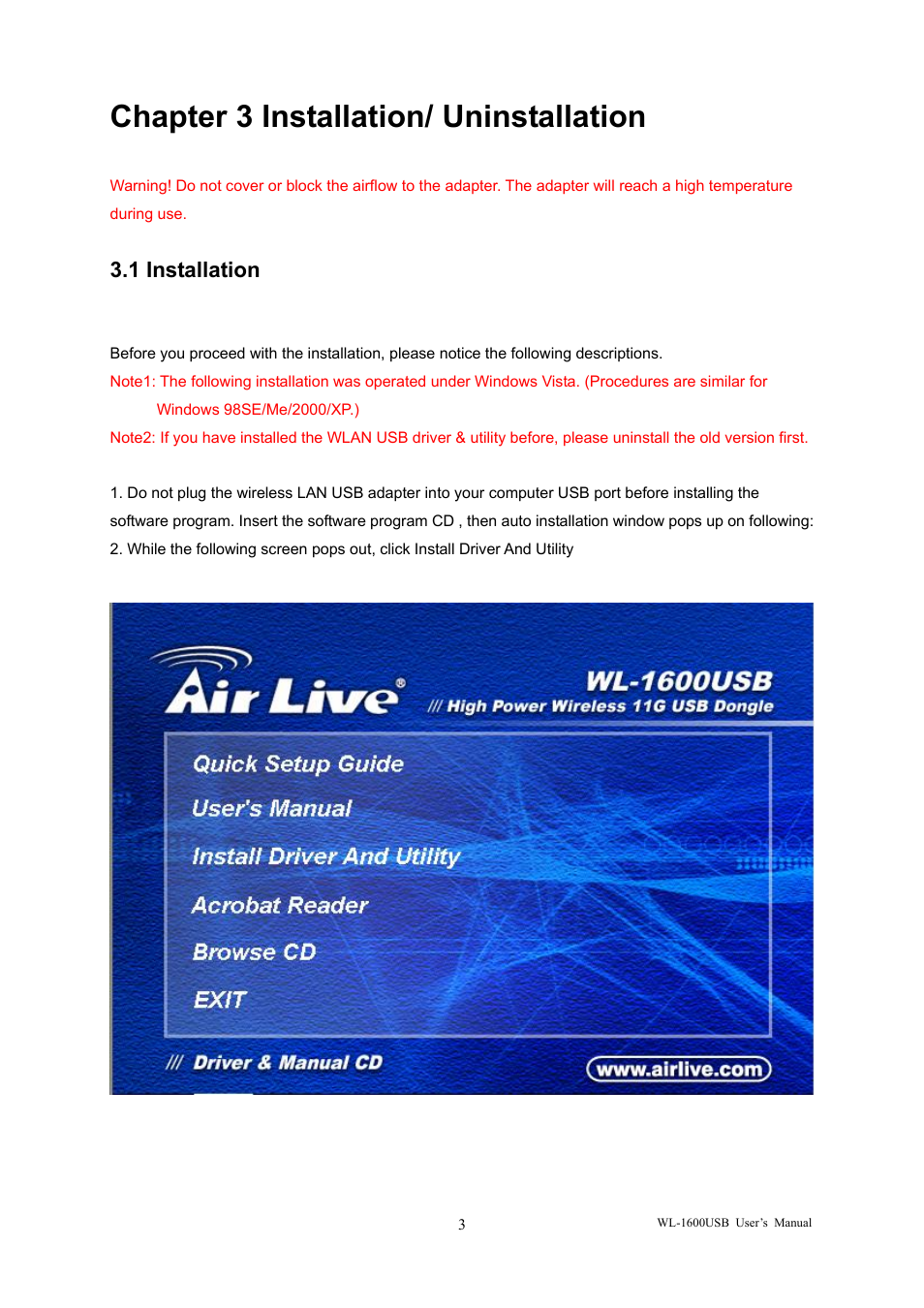 Chapter 3 installation/ uninstallation, 1 installation | AirLive WL-1600USB User Manual | Page 7 / 34