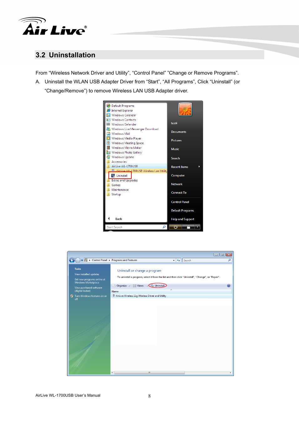 2 uninstallation | AirLive WL-1700USB User Manual | Page 10 / 32