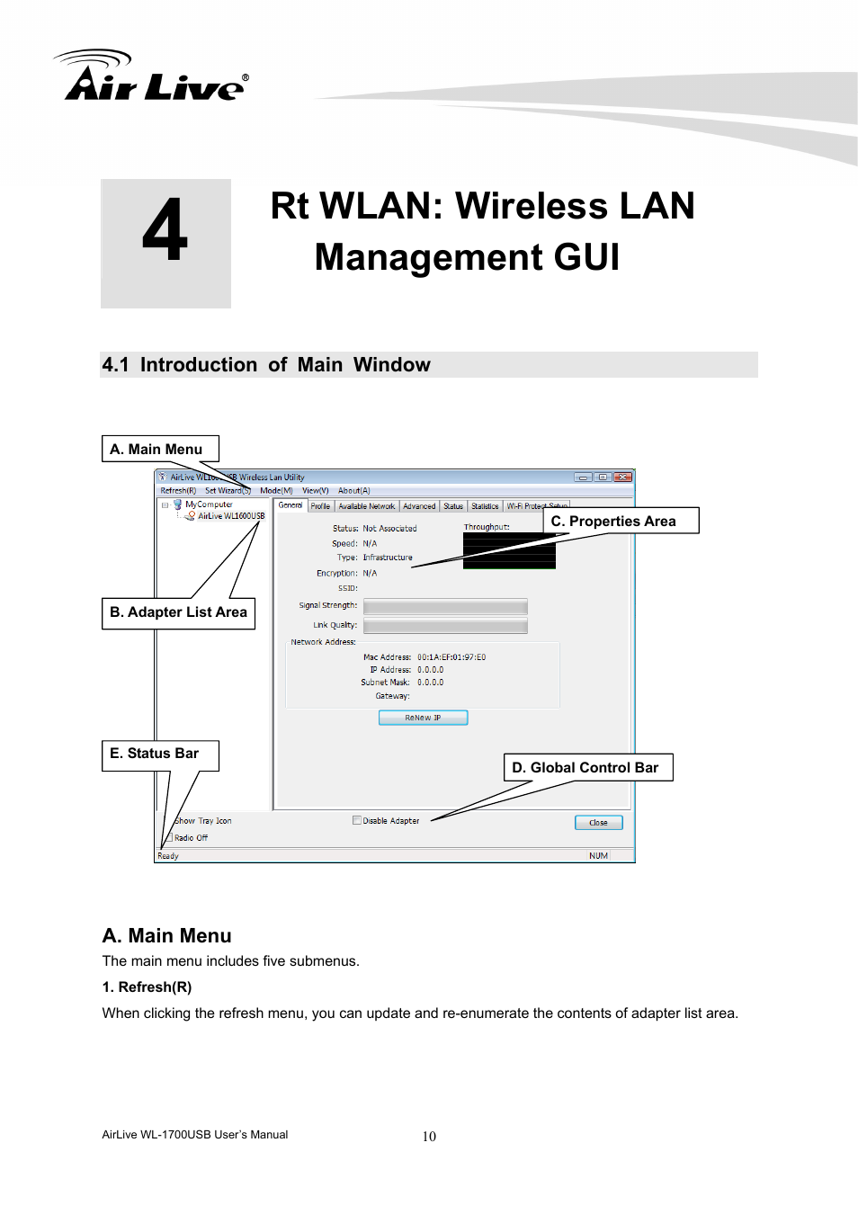 Rt wlan: wireless lan management gui, 1 introduction of main window | AirLive WL-1700USB User Manual | Page 12 / 32