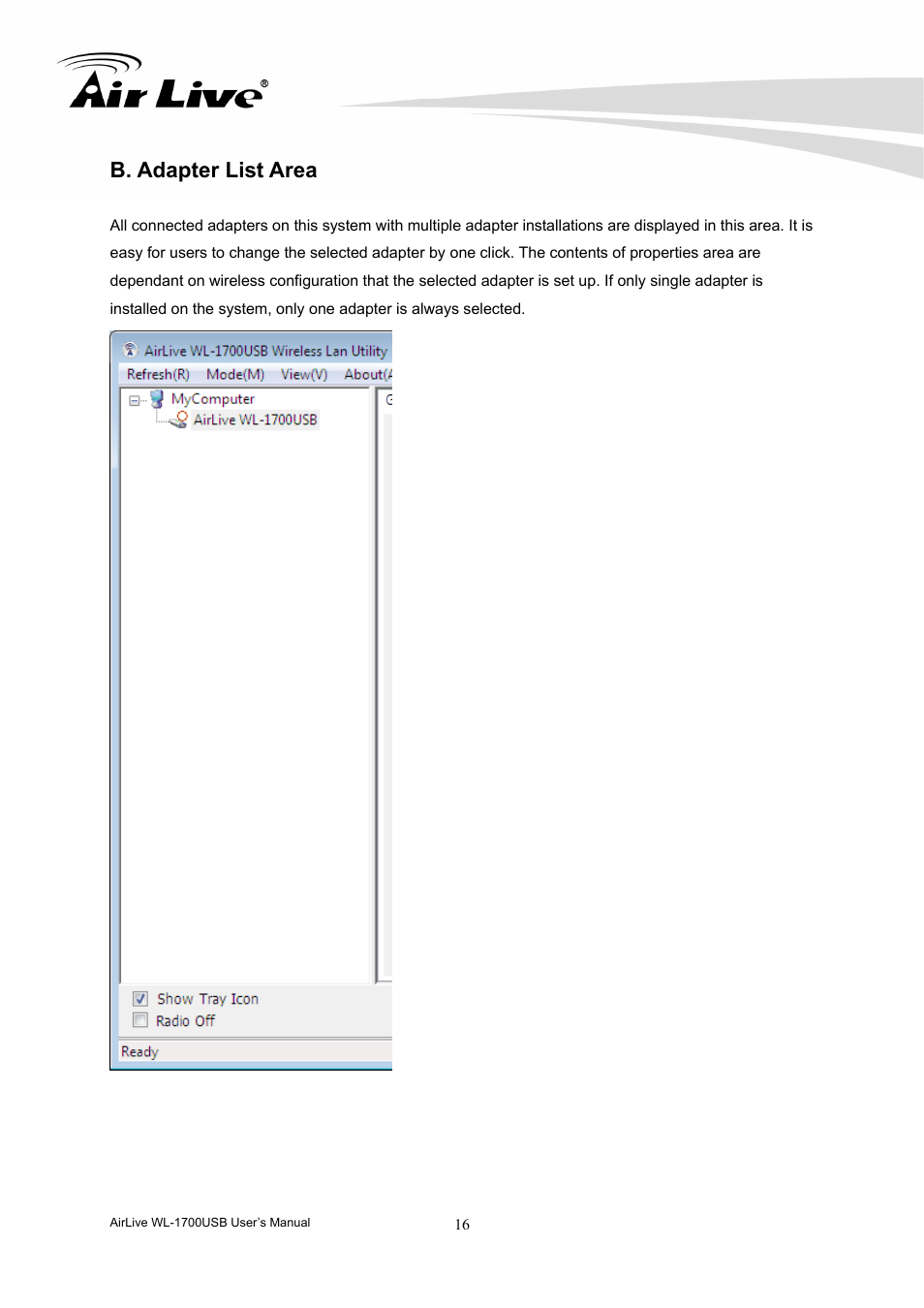 B. adapter list area | AirLive WL-1700USB User Manual | Page 18 / 32