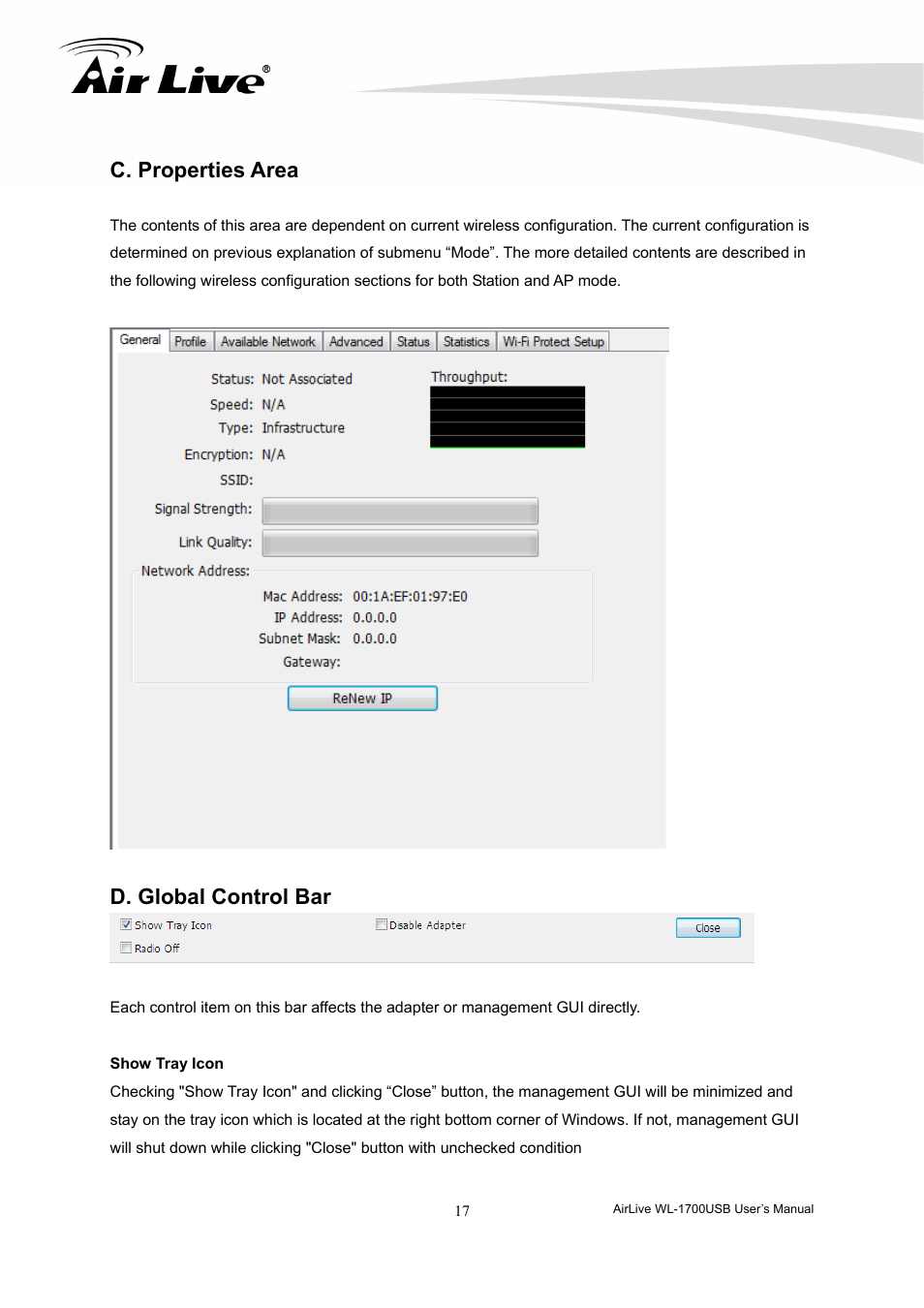 C. properties area, D. global control bar | AirLive WL-1700USB User Manual | Page 19 / 32