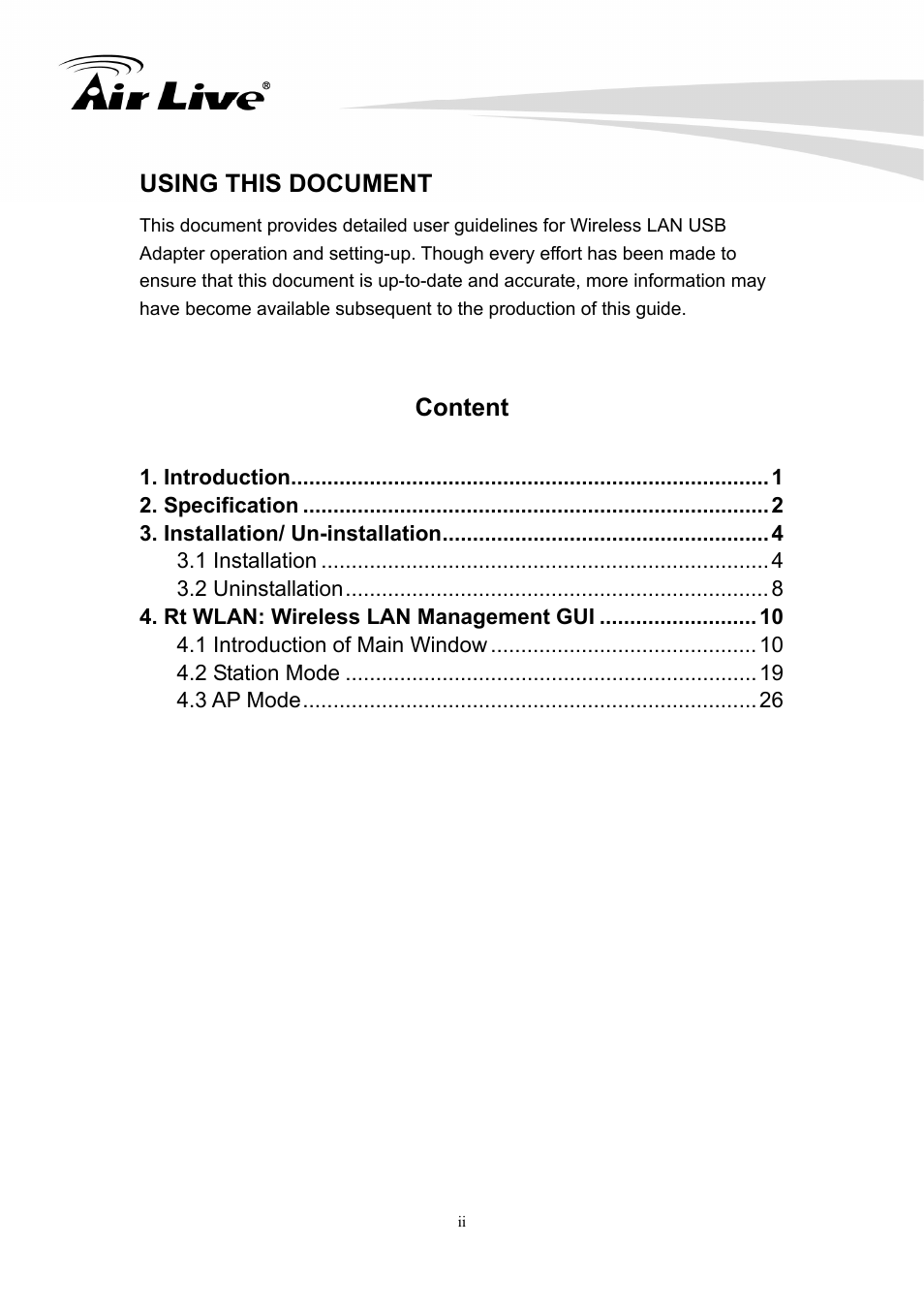 Using this document, Content | AirLive WL-1700USB User Manual | Page 2 / 32