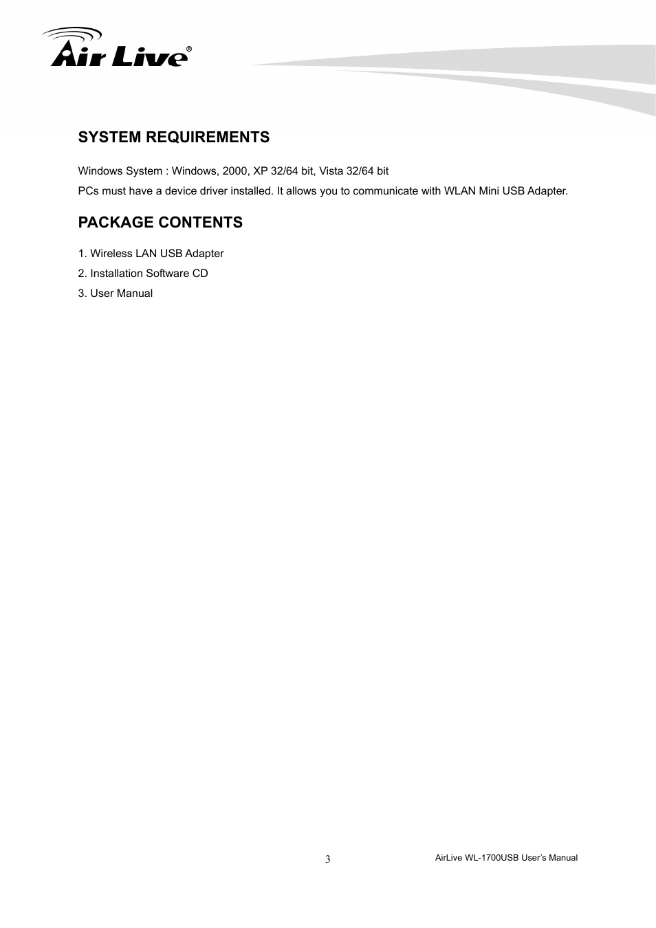 System requirements, Package contents | AirLive WL-1700USB User Manual | Page 5 / 32