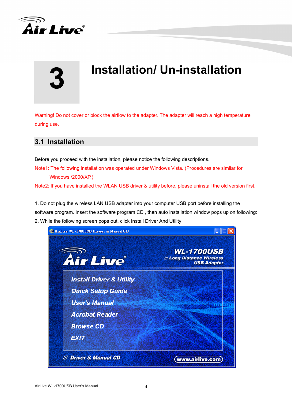 Installation/ un-installation, 1 installation | AirLive WL-1700USB User Manual | Page 6 / 32