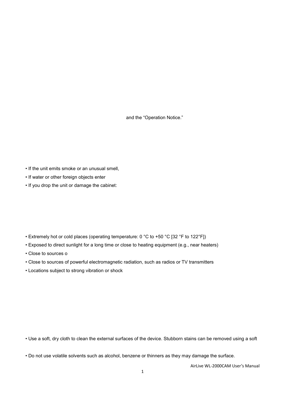 Before you use this product, Legal caution, Heed the safety precautions | Operation notice - operating or storage location, Ventilation, Transportation, Cleaning | AirLive WL-2000CAM User Manual | Page 4 / 43