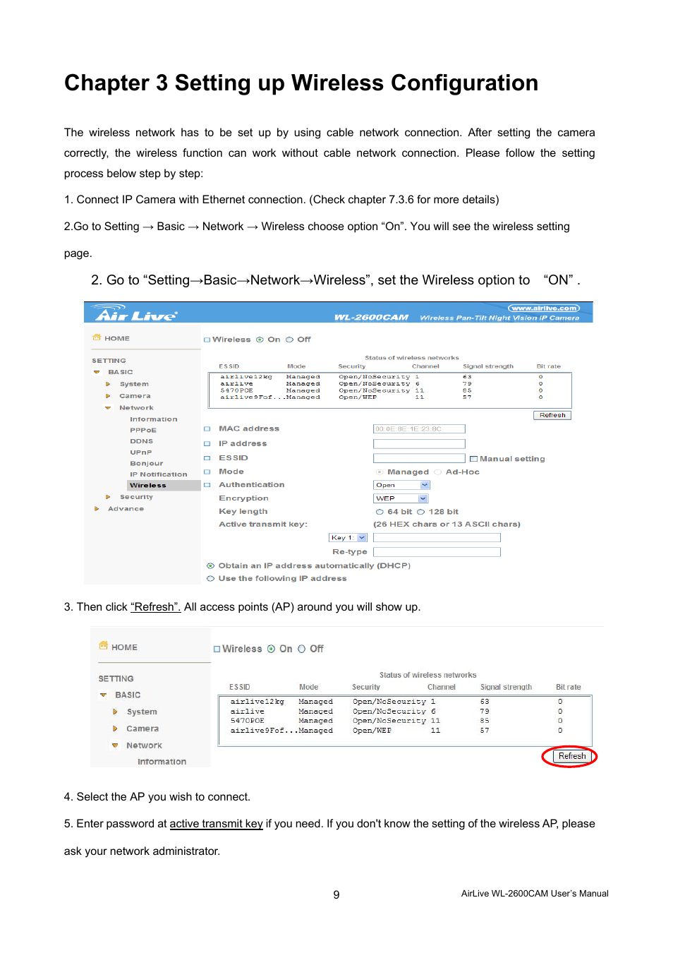 Chapter 3 setting up wireless configuration | AirLive WL-2600CAM User Manual | Page 10 / 90