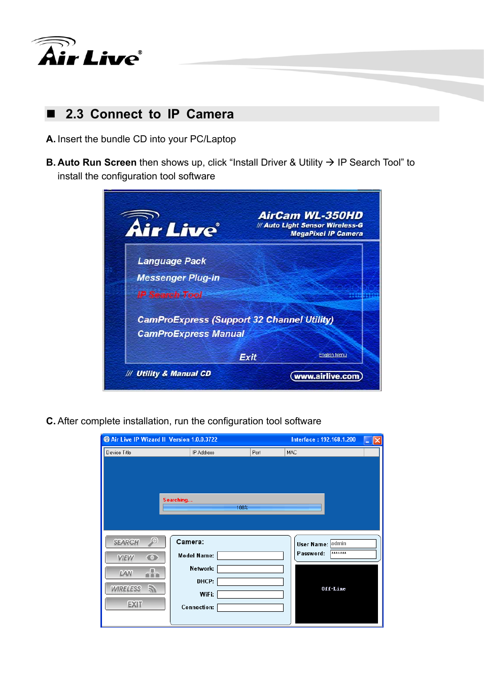 3 connect to ip camera | AirLive WL-350HD User Manual | Page 11 / 98