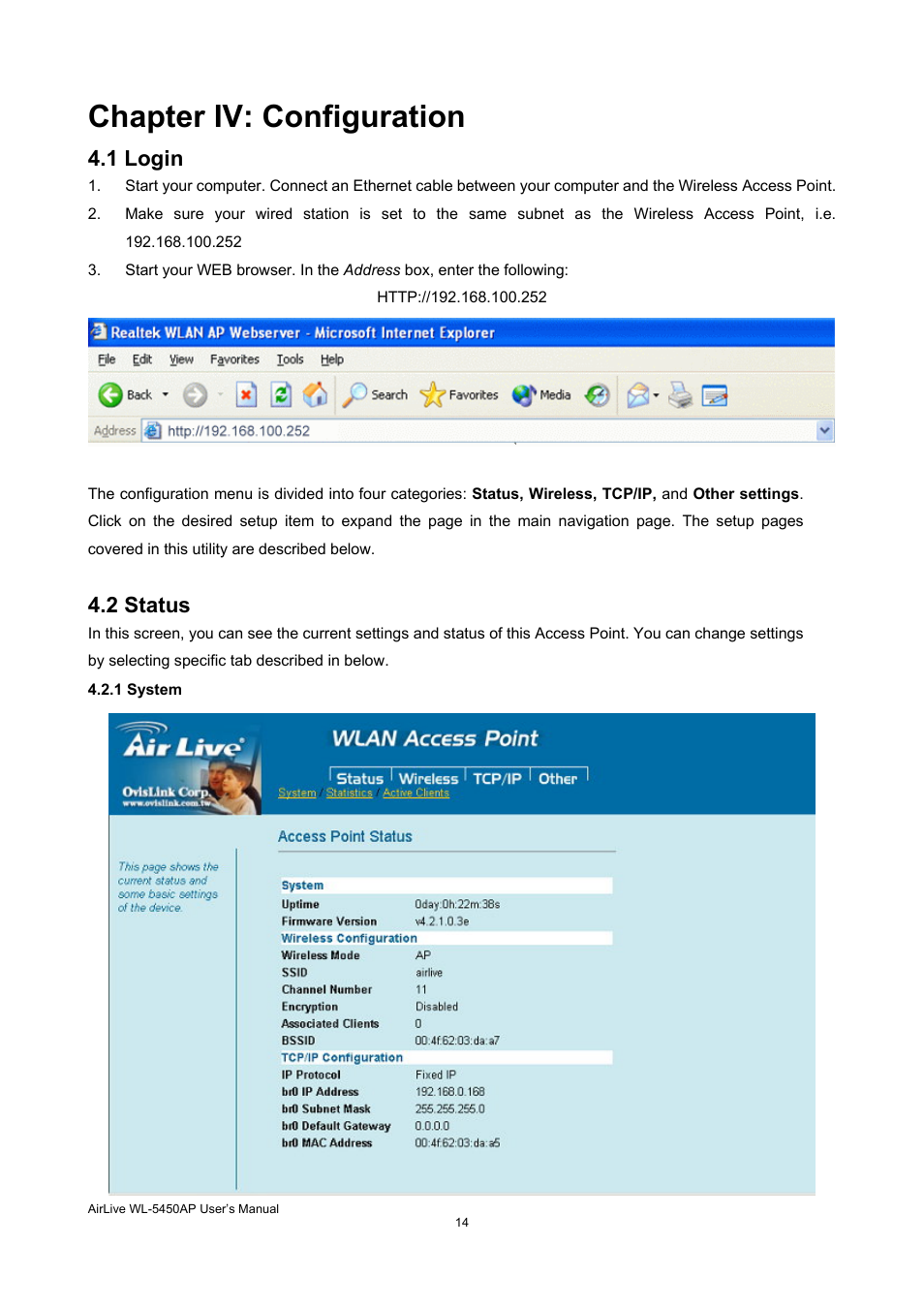 Chapter iv: configuration, 1 login, 2 status | AirLive WL-5450AP User Manual | Page 16 / 32