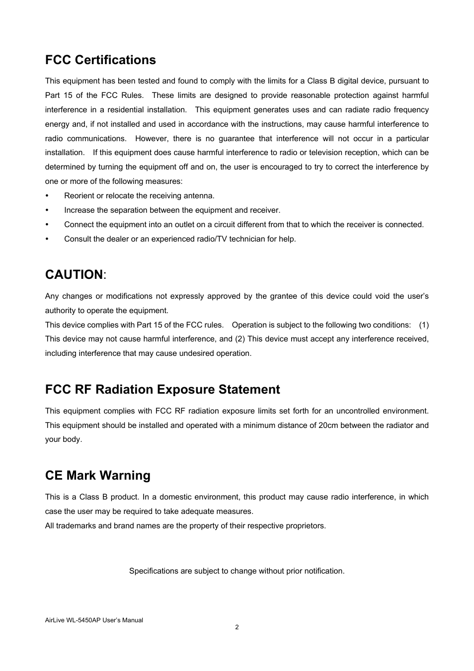 Fcc certifications, Caution, Fcc rf radiation exposure statement | Ce mark warning | AirLive WL-5450AP User Manual | Page 2 / 32