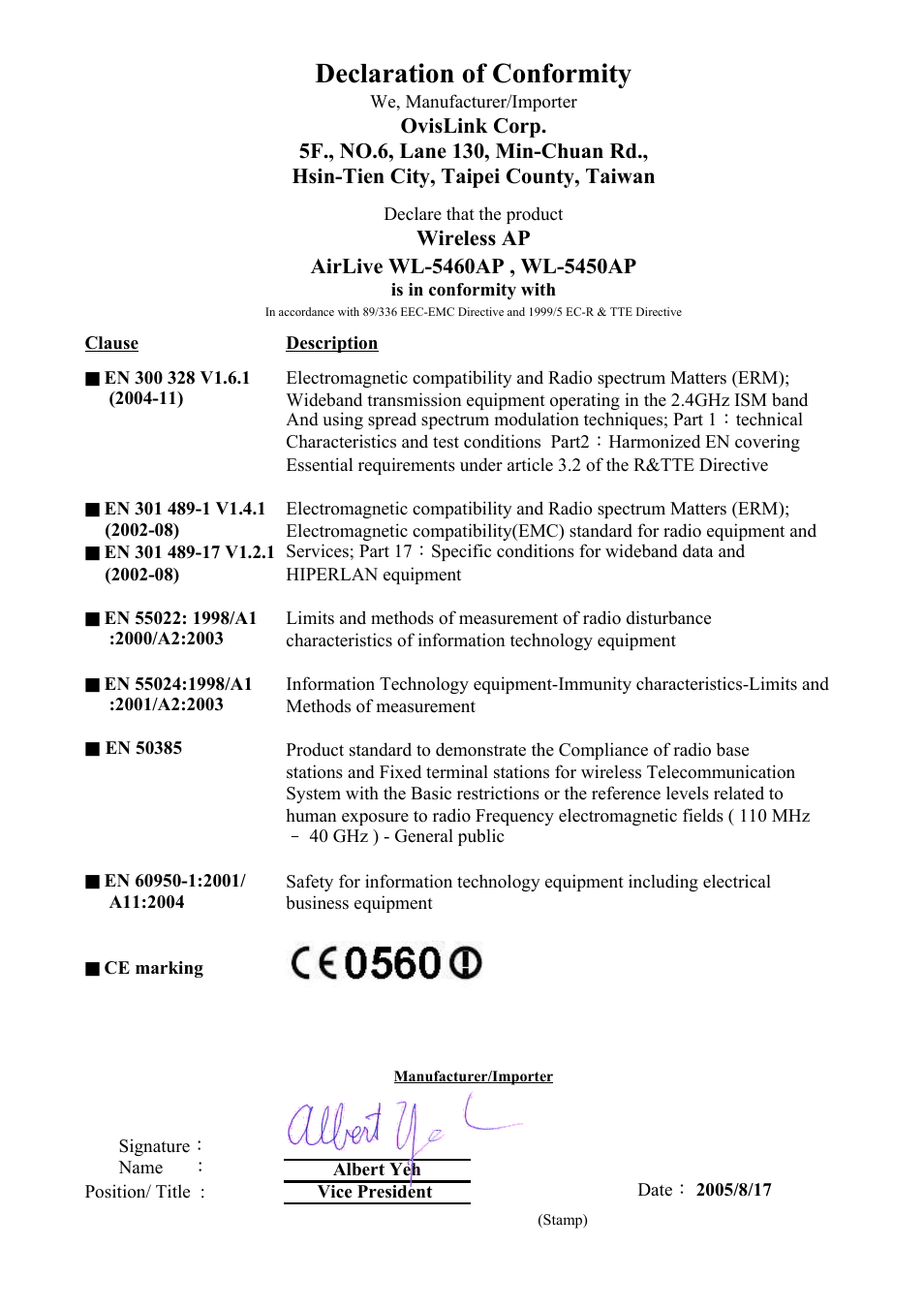 Sheet1, Declaration of conformity | AirLive WL-5450AP User Manual | Page 3 / 32