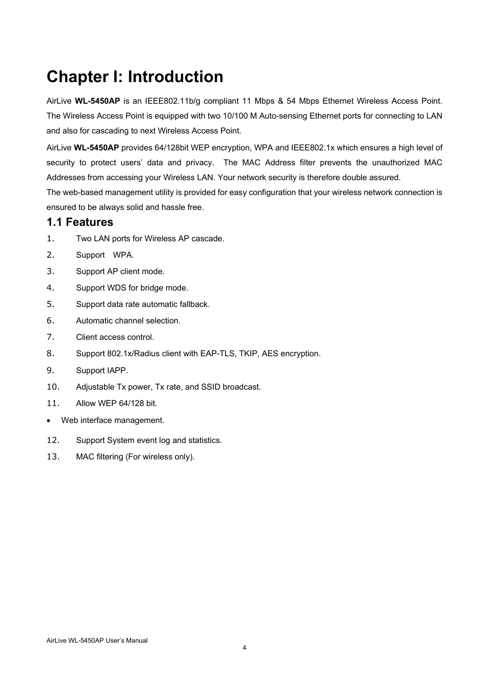 Chapter i: introduction, 1 features | AirLive WL-5450AP User Manual | Page 6 / 32