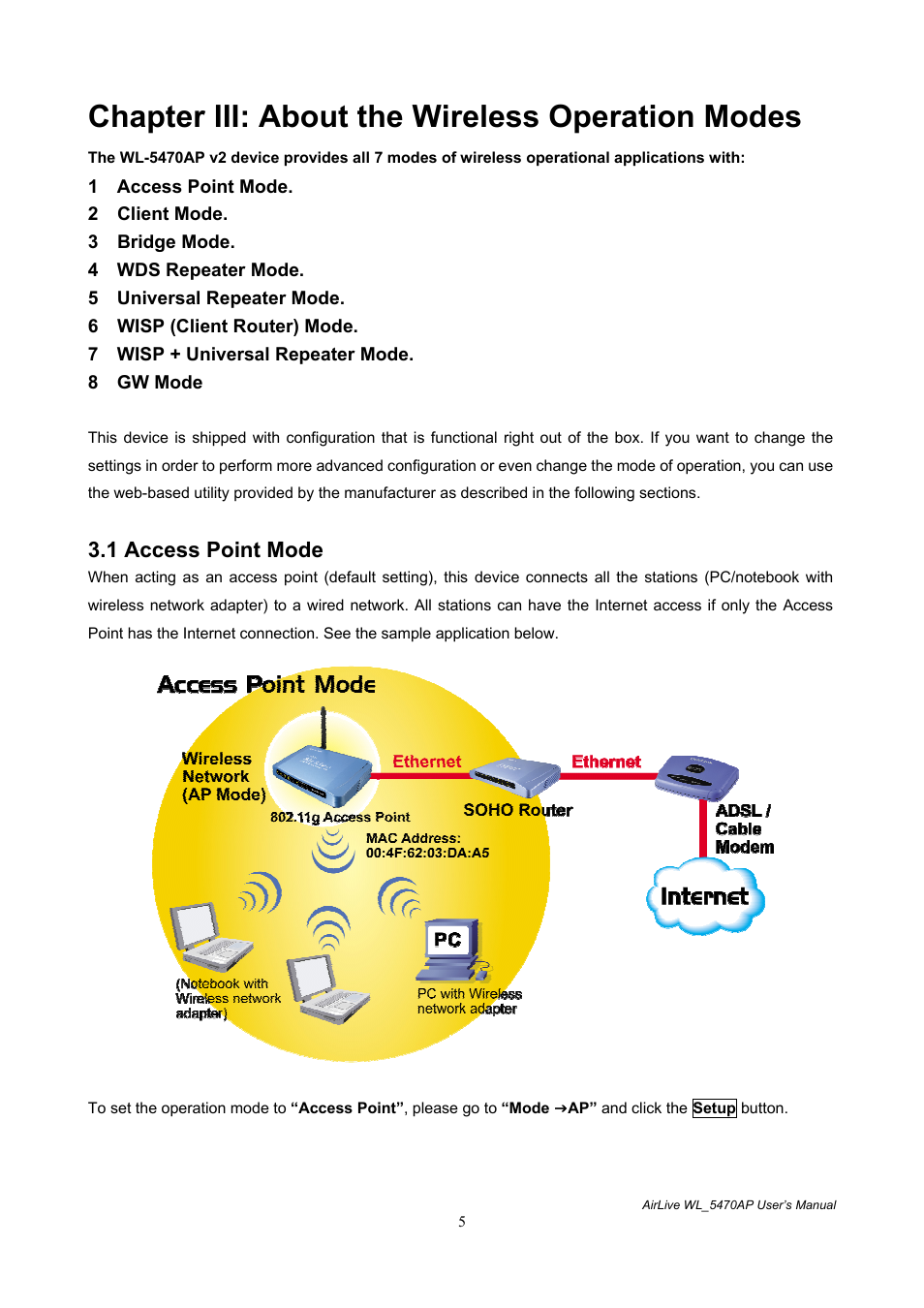 Chapter iii: about the wireless operation modes, 1 access point mode | AirLive WL-5470AP User Manual | Page 10 / 50