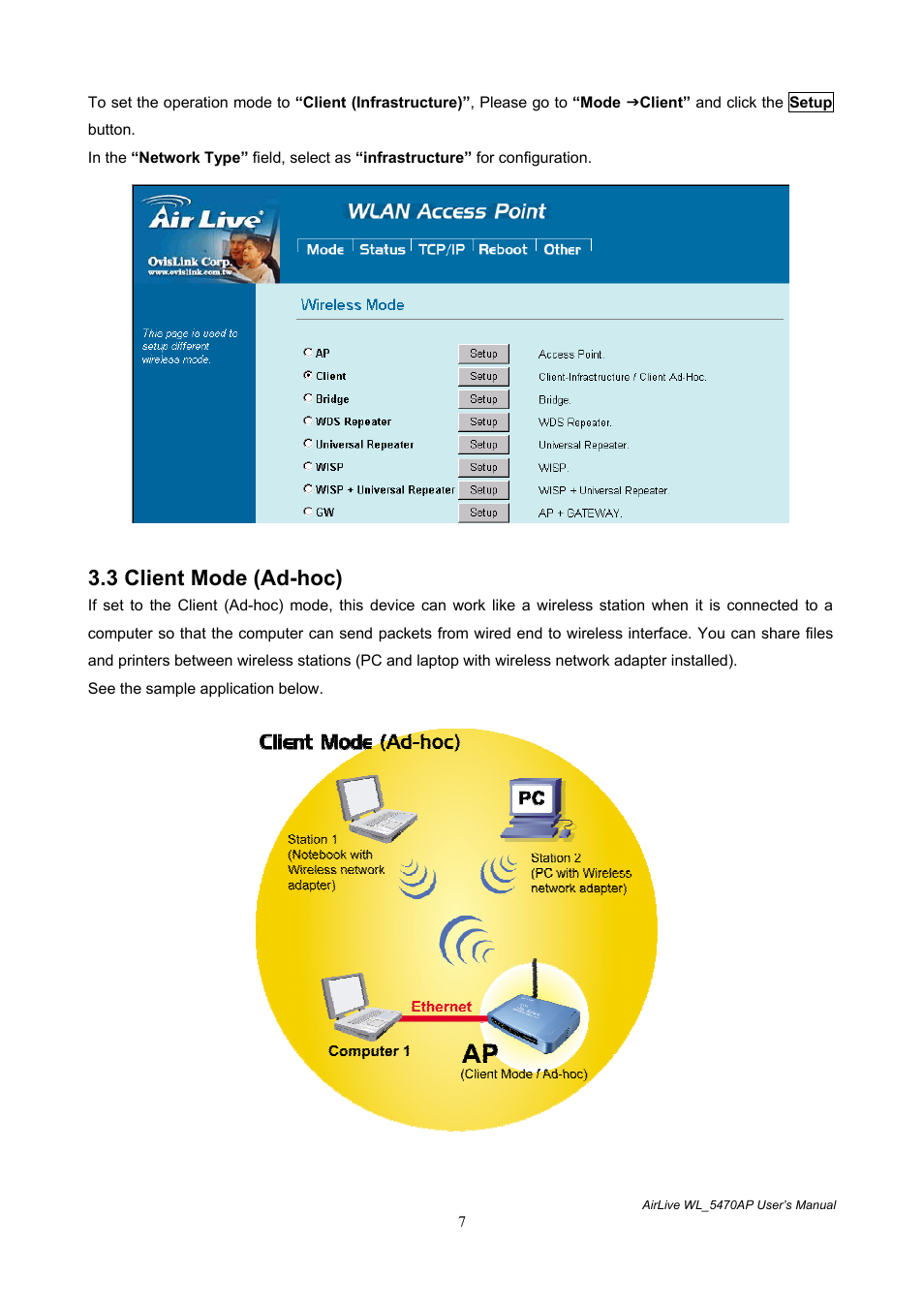 3 client mode (ad-hoc) | AirLive WL-5470AP User Manual | Page 12 / 50