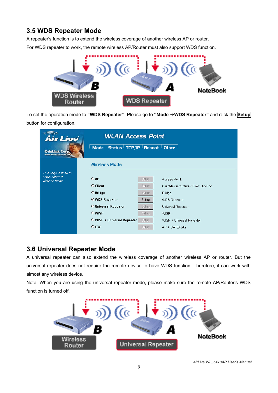 5 wds repeater mode, 6 universal repeater mode | AirLive WL-5470AP User Manual | Page 14 / 50