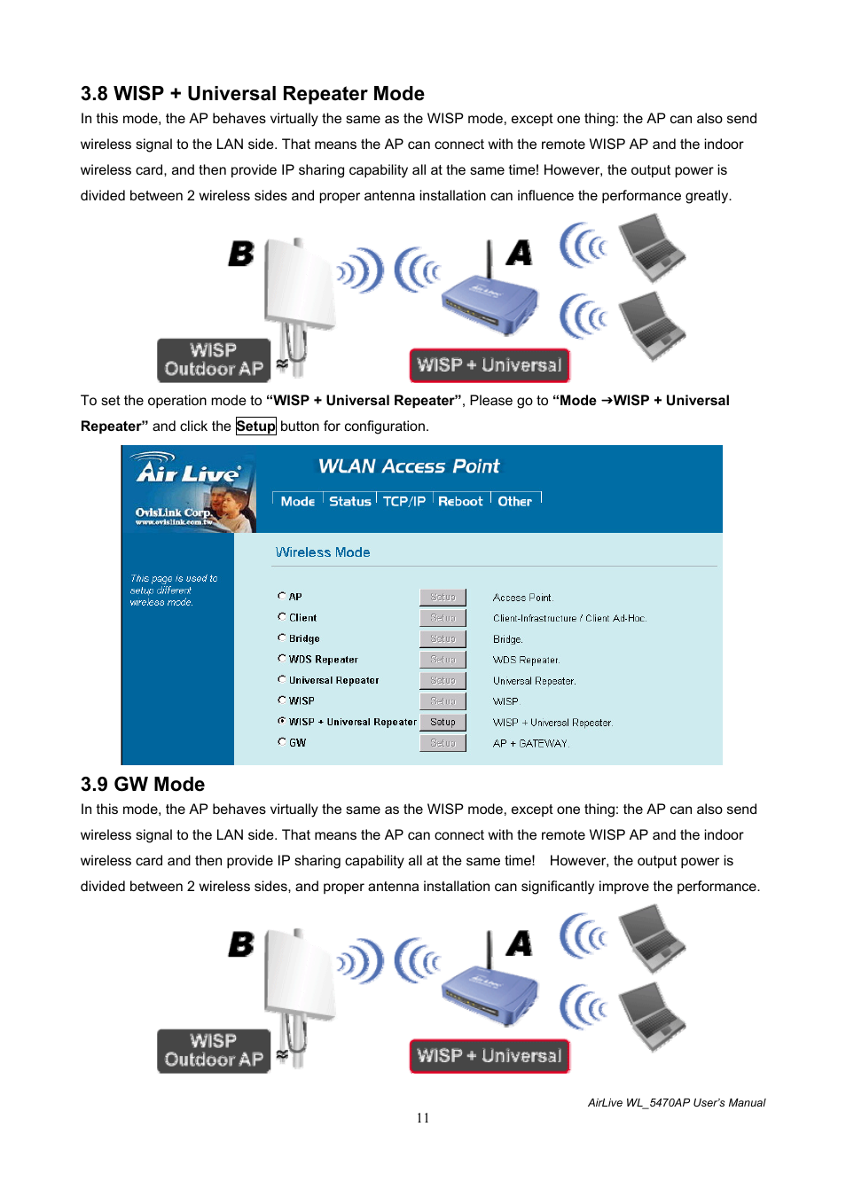 8 wisp + universal repeater mode, 9 gw mode | AirLive WL-5470AP User Manual | Page 16 / 50