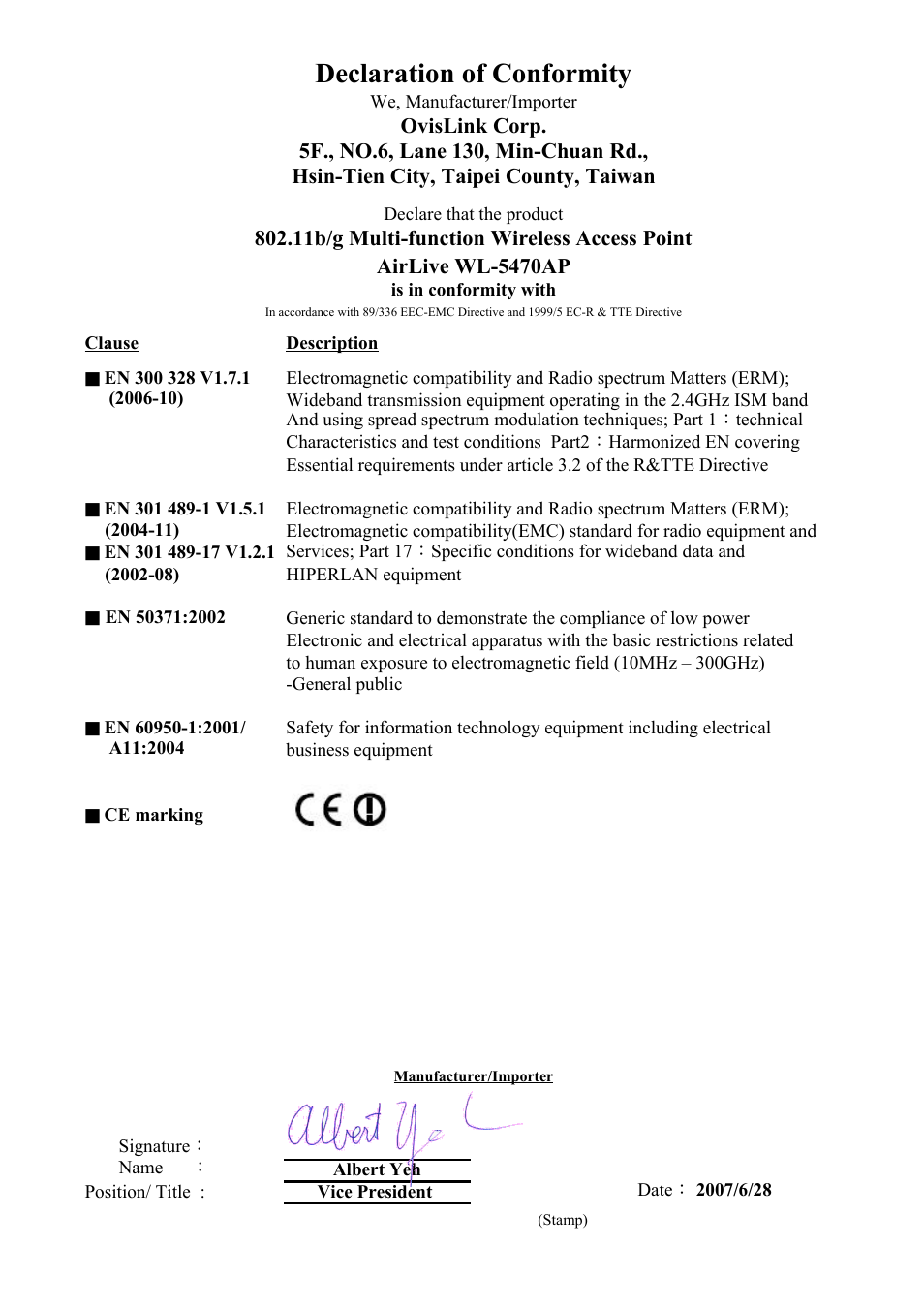 Sheet1, Declaration of conformity | AirLive WL-5470AP User Manual | Page 2 / 50