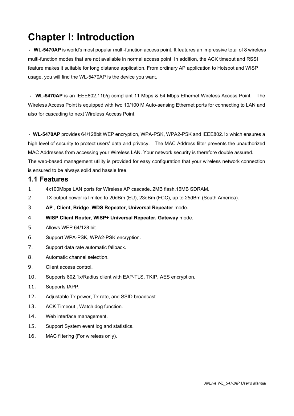 Chapter i: introduction, 1 features | AirLive WL-5470AP User Manual | Page 6 / 50