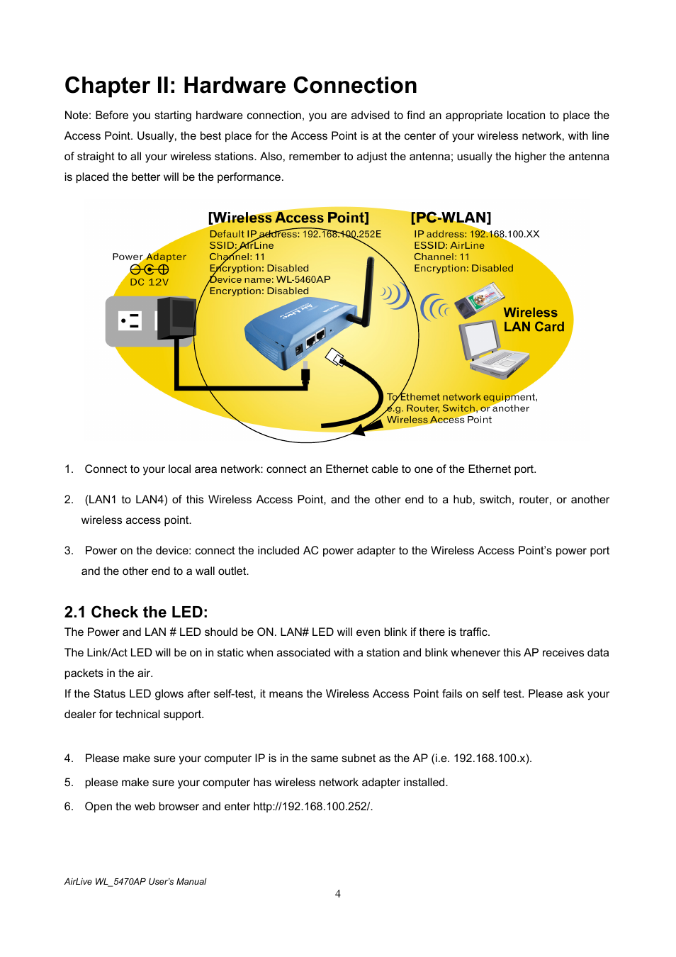 Chapter ii: hardware connection, 1 check the led | AirLive WL-5470AP User Manual | Page 9 / 50
