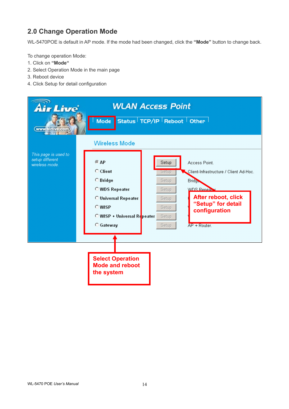 0 change operation mode | AirLive WL-5470POE User Manual | Page 17 / 82