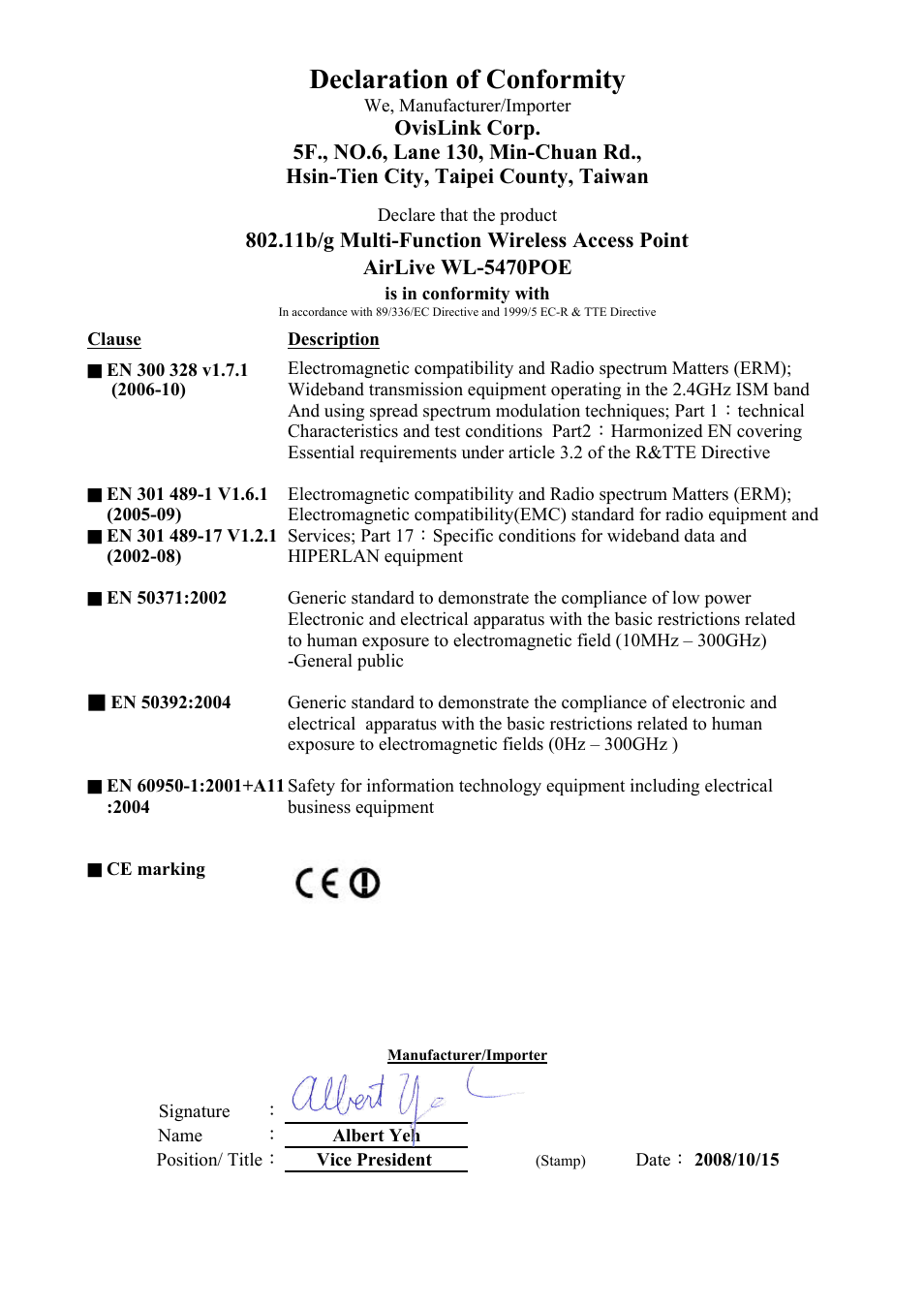 Declaration of conformity | AirLive WL-5470POE User Manual | Page 2 / 82