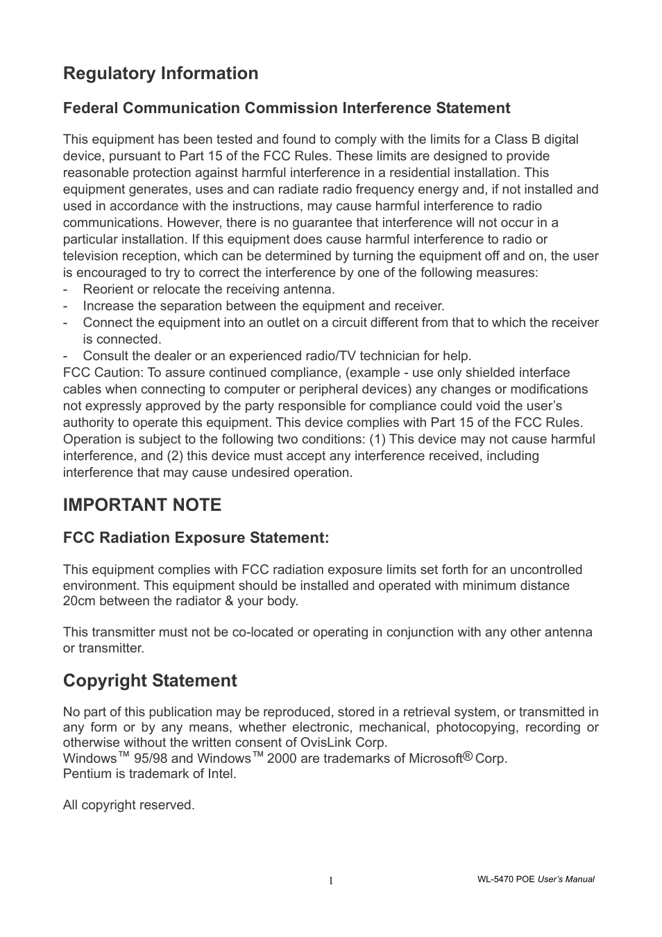 Regulatory information, Copyright statement | AirLive WL-5470POE User Manual | Page 4 / 82