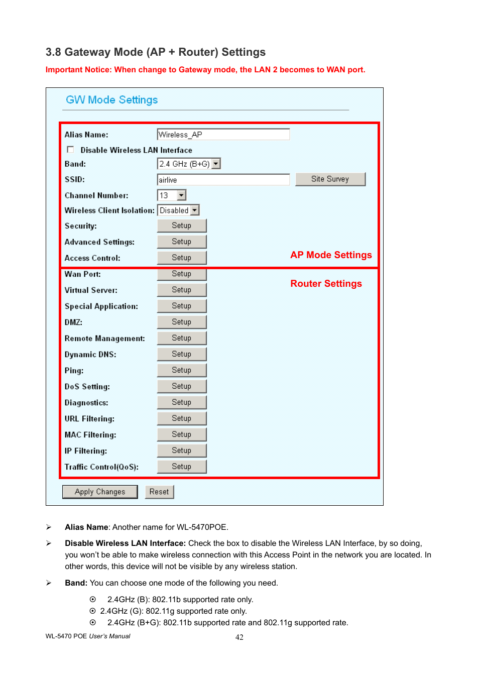 8 gateway mode (ap + router) settings | AirLive WL-5470POE User Manual | Page 45 / 82