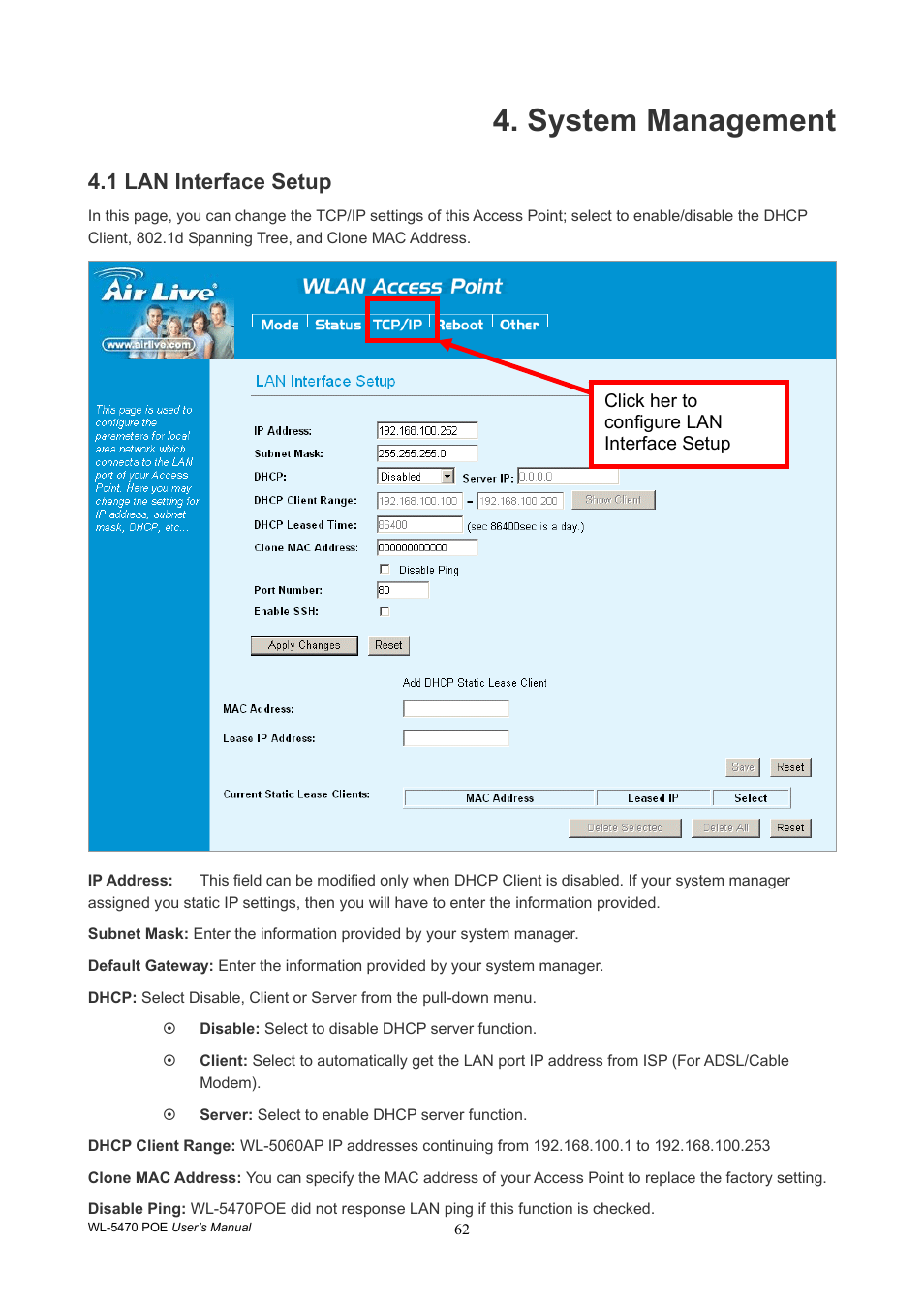 System management, 1 lan interface setup | AirLive WL-5470POE User Manual | Page 65 / 82