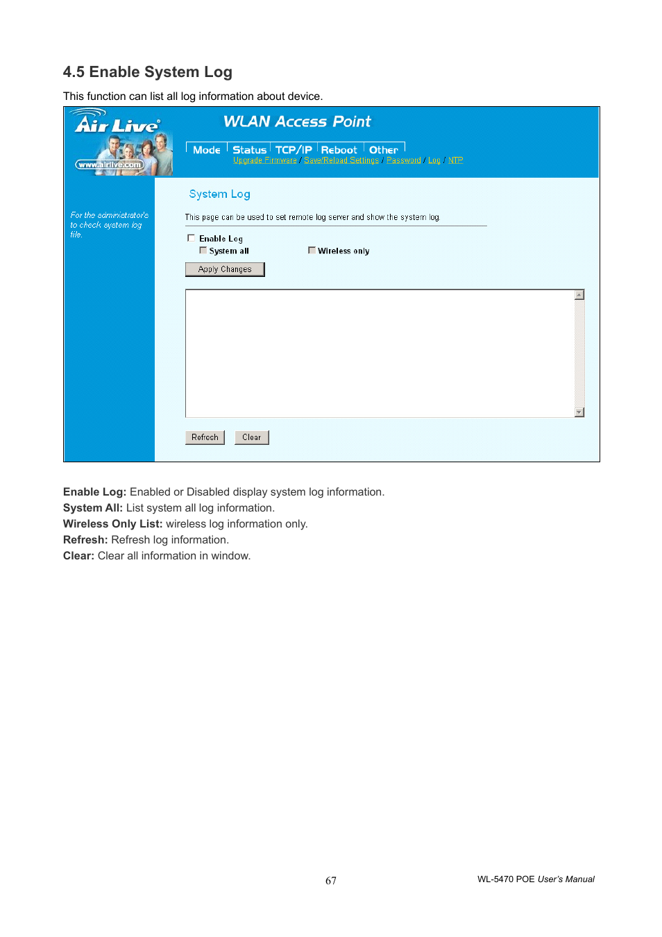 5 enable system log | AirLive WL-5470POE User Manual | Page 70 / 82