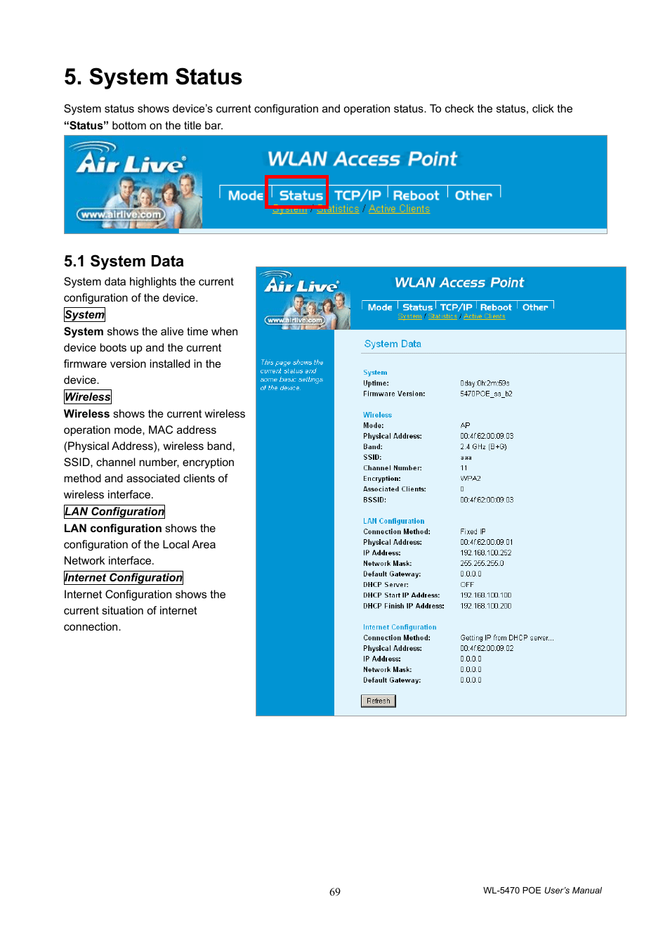 System status, 1 system data | AirLive WL-5470POE User Manual | Page 72 / 82